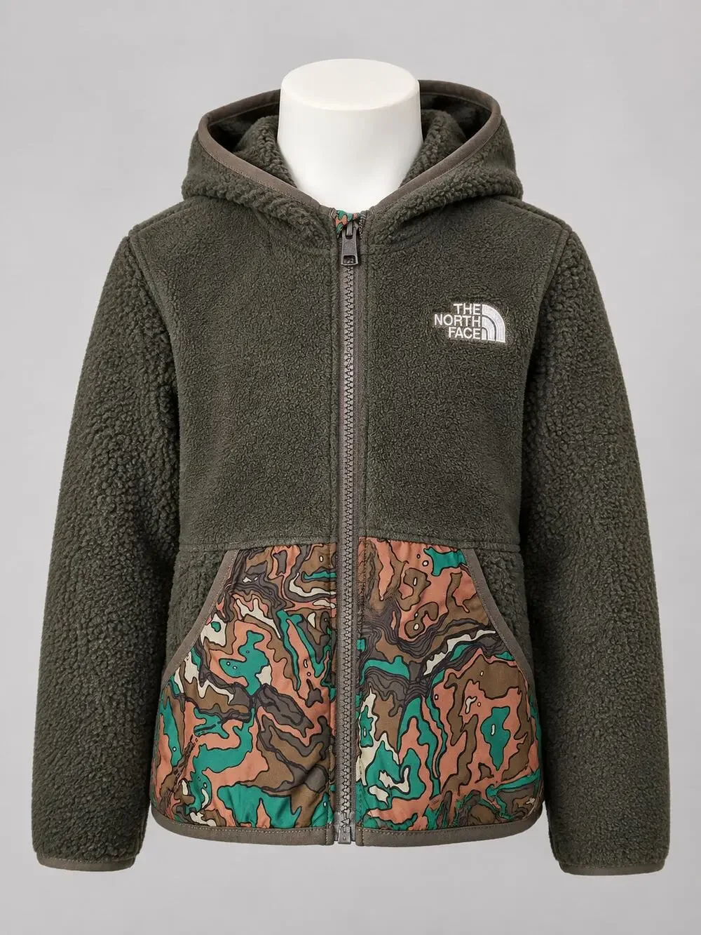 The North Face Kids Size 4 Olive Fleece Hooded Jacket Topo Camo Full Zip
